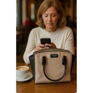 Kate Spade New York Satchel Handbag Beige Black Leather Top Handle Bag *photo